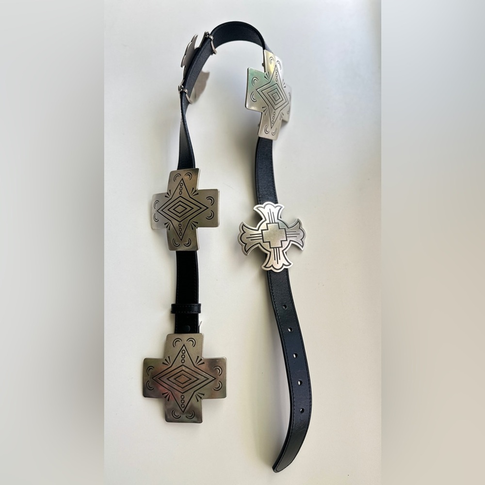 Angel Ranch Leather Silver and Black Cross Design Belt